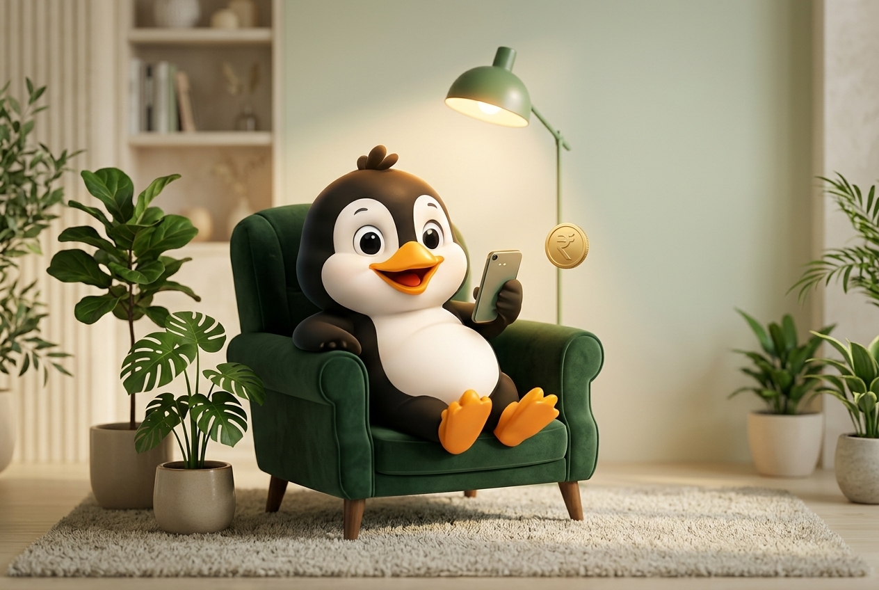 ZRo Pe penguin relaxing in a cosy armchair with a lamp and plants